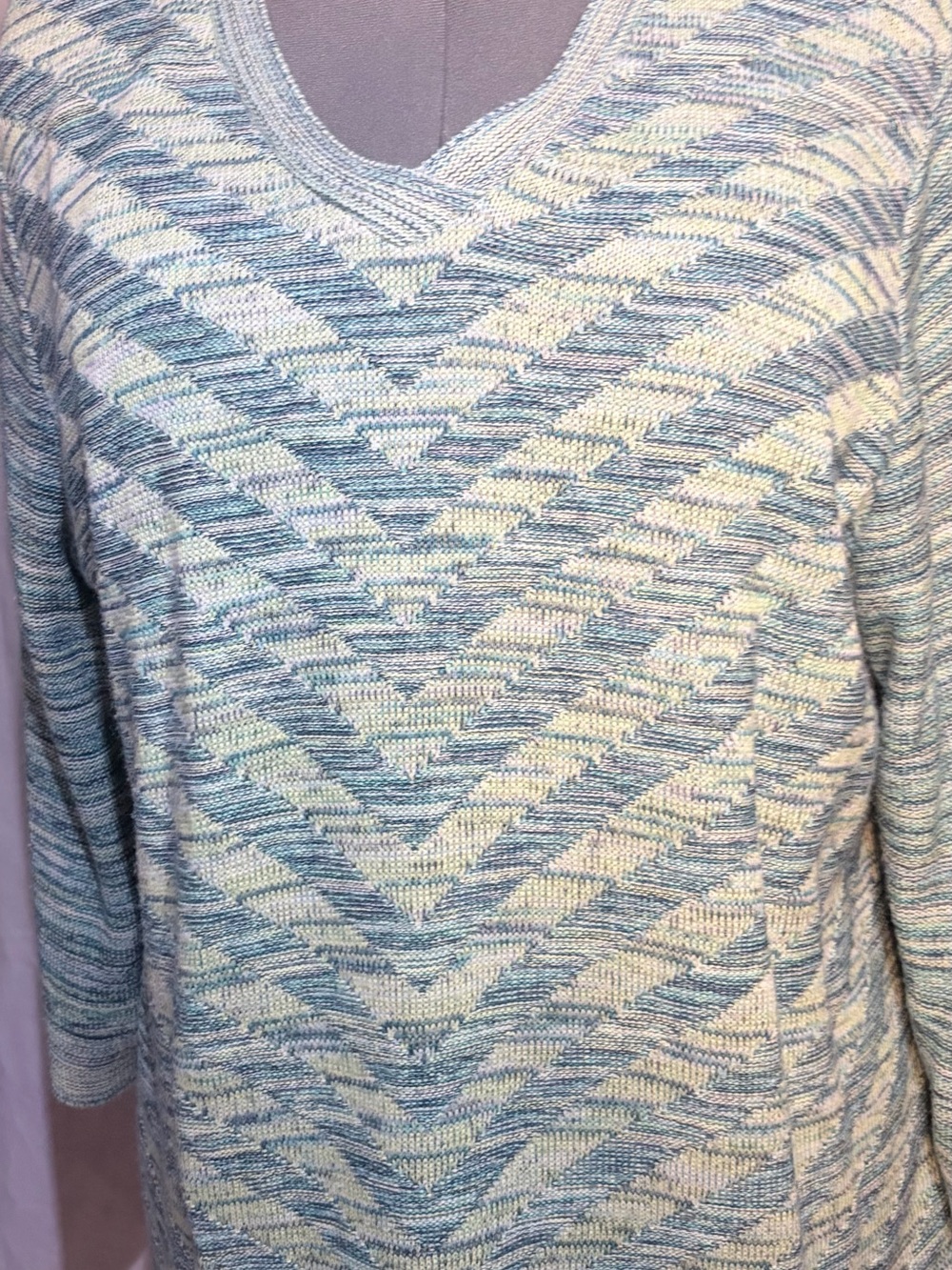 Christopher & Banks Chevron Marled Knit Sweater Blue Green V-Neck XL